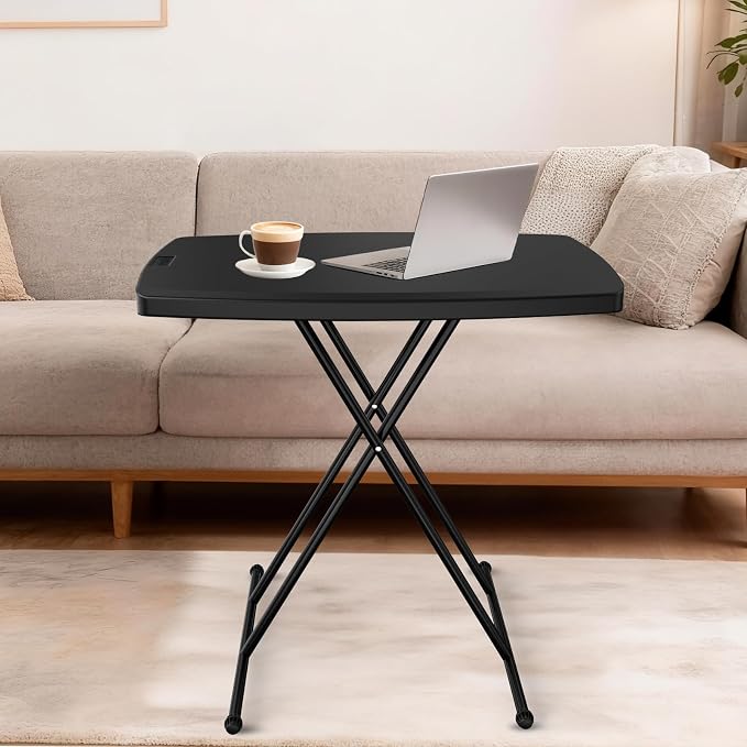 VINGLI Small Folding Table Portable, 30" Adjustable Height Personal Laptop TV Tray, Camping Table, HDPE Plastic Top with Steel Frame,Black