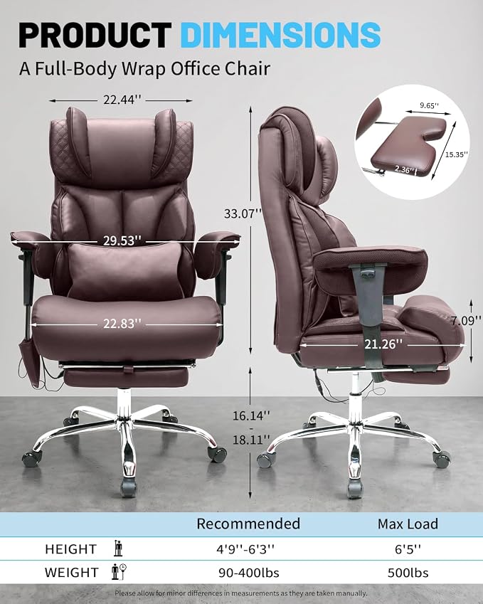 Massage Office Chair with 6 Point Vibration, Foot Rest and Adjustable Armrests – 500lbs Ergonomic Executive Home Office Desk Chairs for Big and Tall Heavy Duty People