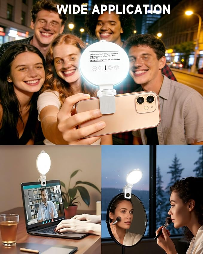 Selfie Ring Light for iPhone, Laptop & Camera, 3 Color Modes Clip-on LED Phone Light, Portable Rechargeable 360° Rotation Video Light for TikTok, Vlog, Zoom Meeting, Makeup, Influencers, Creators