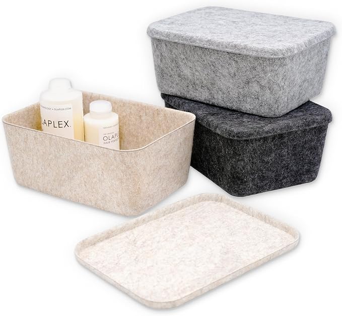 Felt deep Storage Bins lidded Drawer Organizer Caddy for junk stuff stationery makeup jewelry closet bathroom minimalist lifestyle (Gray Bin, S)