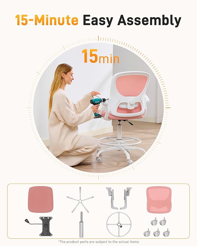 LukkDys Drafting Chair with Arms, Tall Office Chair for Standing Desks | Ergonomic lumbar pad, breathable mesh and foot ring support forward-leaning posture for sewing, crafts and daily studio work.