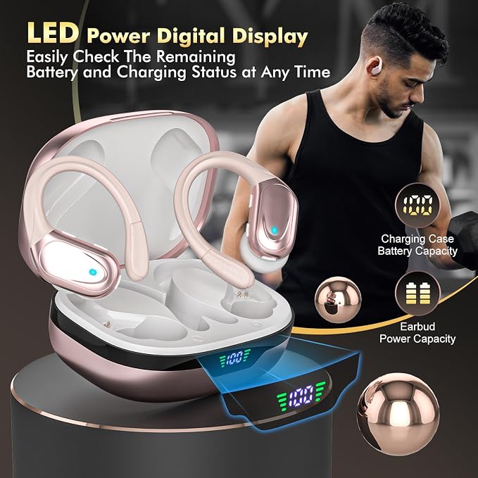 HAOYUYAN Wireless Earbuds, Sports Bluetooth Headphones, LED Power Display Ear Buds with 80Hrs Playtime, Noise Canceling Headset, IPX7 Waterproof Earphones for Workout/Running
