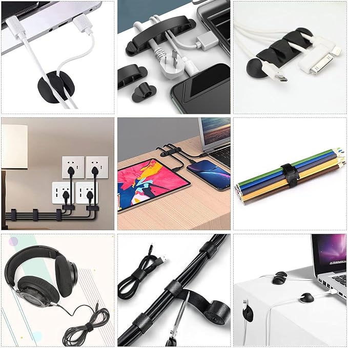 34pcs Cord Management Organizer Kit, Reusable Cable Ties Wire Organizer Set with Self-Adhesive Cable Clips for Desk Computer TV Home Office