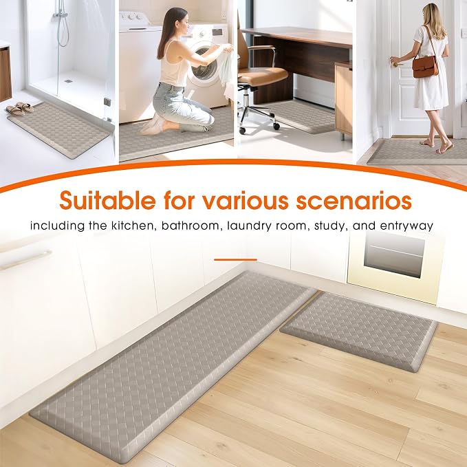TranquilRelax 4/5 Inch Thick 2-Piece Anti-Fatigue Kitchen Mats, Cushioned Non-Slip Waterproof Sink & Stove Floor Mats, Comfortable Standing Rug Set for Kitchen, Laundry & Entryway, Brown
