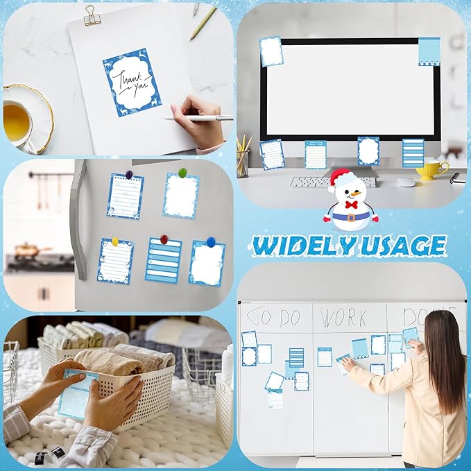 12 Pcs Christmas Sticky Notes Christmas Design Self Adhesive Note Pads Winter Snowflake Sticky Memo Blue Cartoon Snowman Penguin Notepad for Xmas Gift Office Home Supplies Present