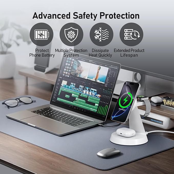 3 in 1 Wireless Charging Station for Apple, Charger Stand for Multiple Apple Devices, Wireless Charging Station for iPhone 17/16/15/14/13/12 Series, Wireless Charger for AirPods, iWatch Series (White)