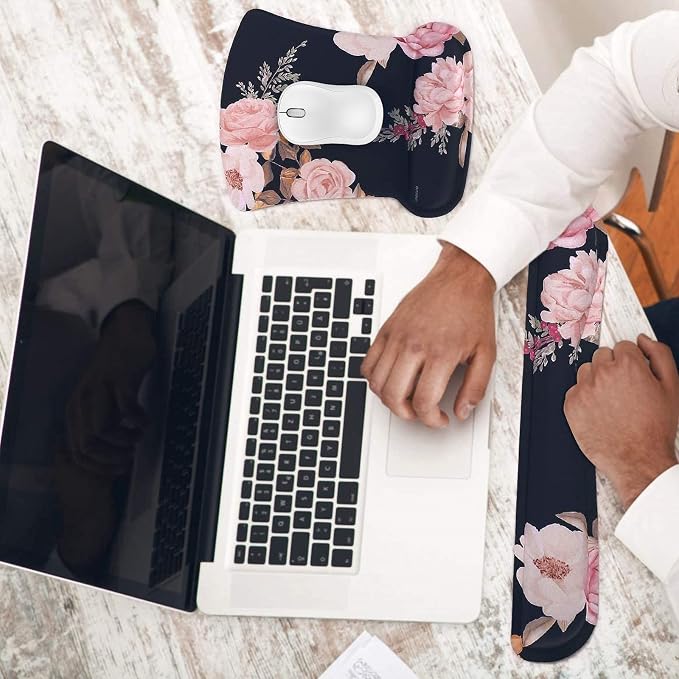 MOSISO Peony Wrist Rest Support for Mouse Pad & Keyboard Set, Black | Ergonomic Memory Foam Mousepad Non-Slip Base Home/Office Pain Relief & Easy Typing Cushion with Neoprene Cloth & Raised