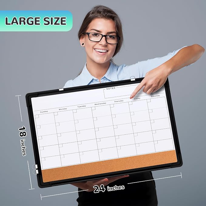 Monthly Calendar Whiteboard for Wall, 24x18 Inches Dry Erase Board with Cork Board Combo, Magnetic White Board, Double-Sided Hanging Portable Board for Office School Home Kitchen Planner, Black