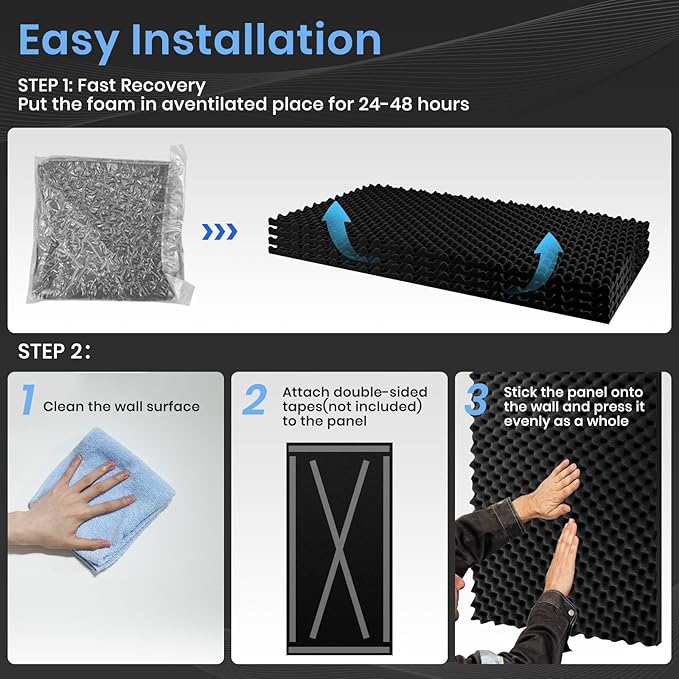 Focusound 1 Pack Acoustic Foam Panels, 48''X24''X1'' Egg Crate Sound Proof Foam, High Density Noise Cancelling Soundproofing Wall Panels for Studio Office Game Room (Black)
