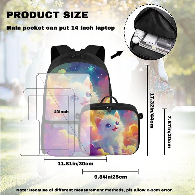 Doojoayie Cat Backapack for Girls 4-6 6-8 Trendy School Backpack for Teen Girls Colorful Cloud Bookbag with Lunch Box, Water Bottle Holder, Pencil Case Heavy Duty School Bags Set of 4
