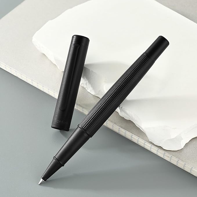 Matte Black Rollerball Pen, Distinctive Vertical Grooving Design, Luxury Pen with Schmidt Black Refill, Prefect Pen Gift Set for Men & Women, Business Signature, Refillable, Office, Nice Pens