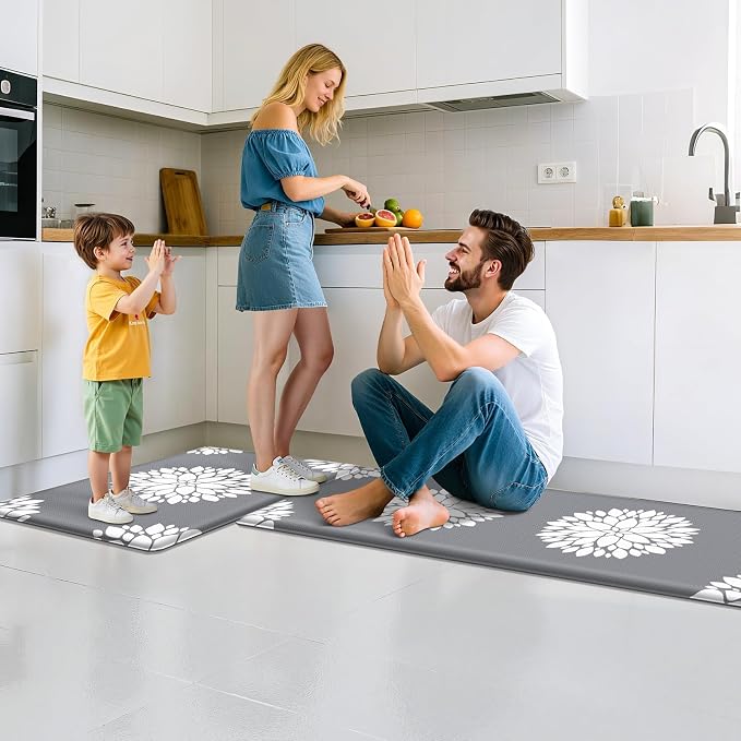 2PCS Kitchen Mats for Floor, Anti Fatigue Non-slip Water Resistant Grey Rug | Soft Kitchen Rugs for Home, Cushioned Standing Desk Mat, Comfort Mat for Office, Sink, Laundry, 17.3" x 47" + 17.3" x 30"