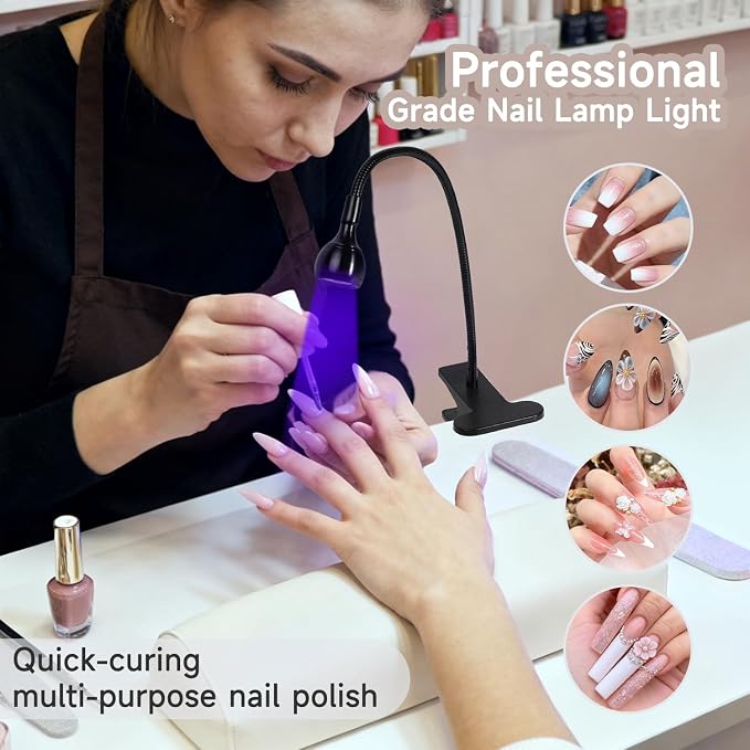 UV Nail Lamp - UV Light for Gel Nails, Flash Cure Lamp, LED Gooseneck Flash Cure Lamp for Nails, Manicure Dryer Black Light with Clamp, 365+395nm Wavelength 5V 3W 4 Levels Dimming Black