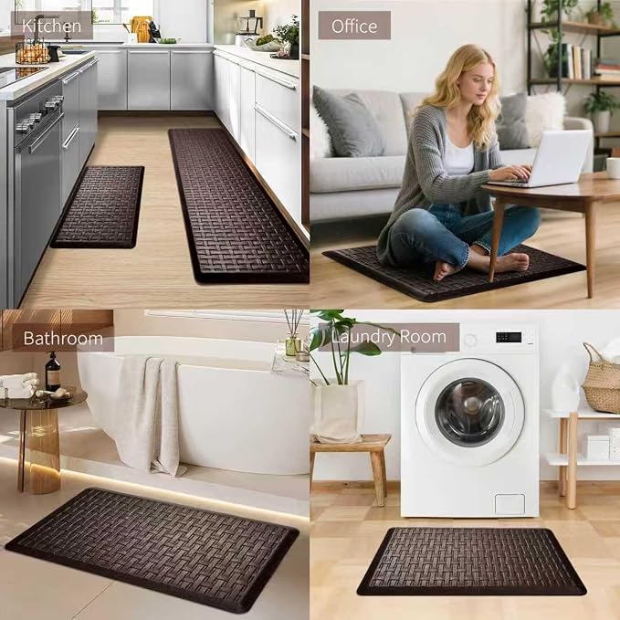 2PCS UKISS Kitchen Rugs, Cushioned Anti Fatigue Kitchen Mats for Floor, Waterproof Kitchen Rug,Non-Slip Comfort Standing Mat for Kitchen, Floor Home, Office, Sink, Laundry,17.3"x28"+17.3"x60",Brown