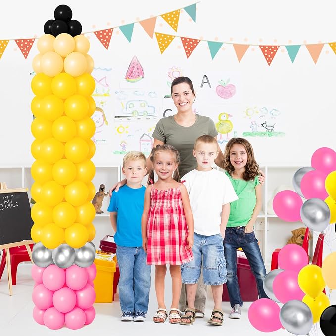 150 PCS Back to School Balloons Yellow Black Pink Apricot Silver Latex Balloons DIY Pencil Balloon Kit for First Day of School Kindergarten Preschool Graduation Party Decor Supplies