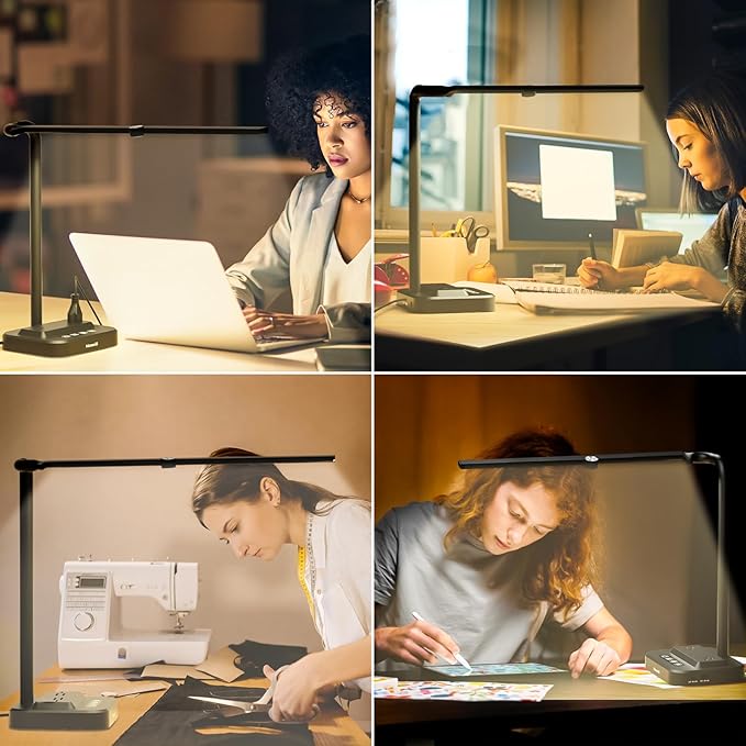 Adjustable LED Desk Lamp for Home Office | Integrated Power Hub with 2 Wide-Spaced AC Outlets, USB-C & USB-A Charging Ports | Anti-Glare Light, Foldable Design & Surge Protection
