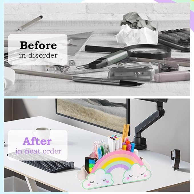 Kids Desk Organizer Pencil Holder Desk Accessories Caddy for Homeschool | Rainbow Acrylic Pen Holder Caddy for Classroom Office Desktop Storage Art Supplies Organizer Back to School Birthday Gifts