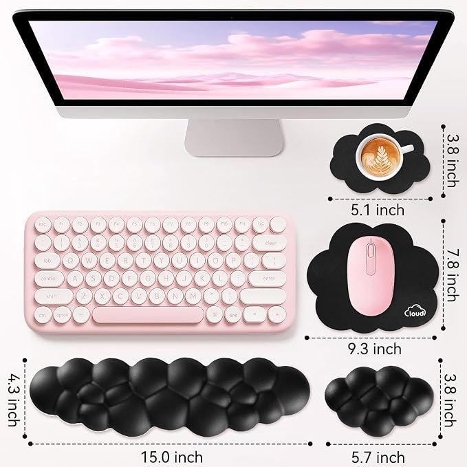 Sushret Cloud Wrist Rest for Computer Keyboard, 4-in-1 Memory Foam Leather Cloud Keyboard Wrist Rest and Mouse Pad Set with Ergonomic Support for Arm and Palm Cushion, Gaming/Work Setup, Black