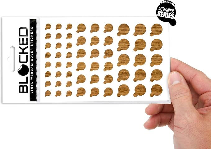 Rigid Series - 2X Thicker | BLOCKED Original Vinyl Webcam Cover Stickers | Restickable & Stackable Privacy Covers | for All Camera-endable Devices | 3-Sizes | 57 Tabbed Wood Grain Textured