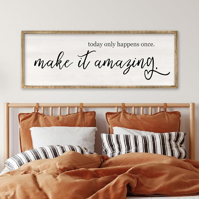 RLWangChao Today Only Happens Once Make It Amazing Wall Art Decor 32x12 Inch Large Inspirational Quote Sign Rustic Living Room Vintage Wood Frame Office Motivational Home Wall Hanging (Wood)