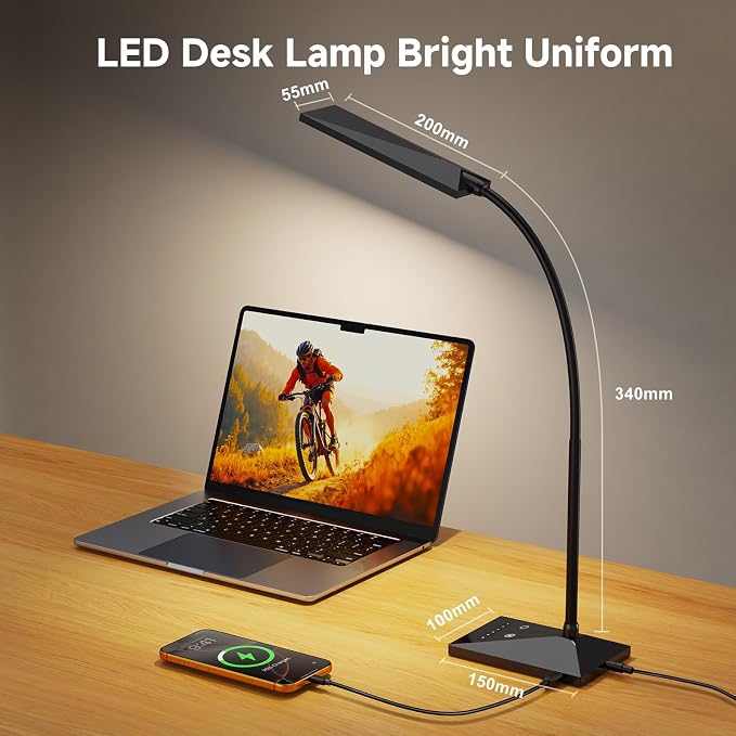 LED Desk Lamp, 7W 390LM Eye-Caring Desk Light with 5 Color Modes & Stepless Dimming, 360° Flexible Gooseneck Touch Control Table Lamp for Bedroom Bedside Study Black