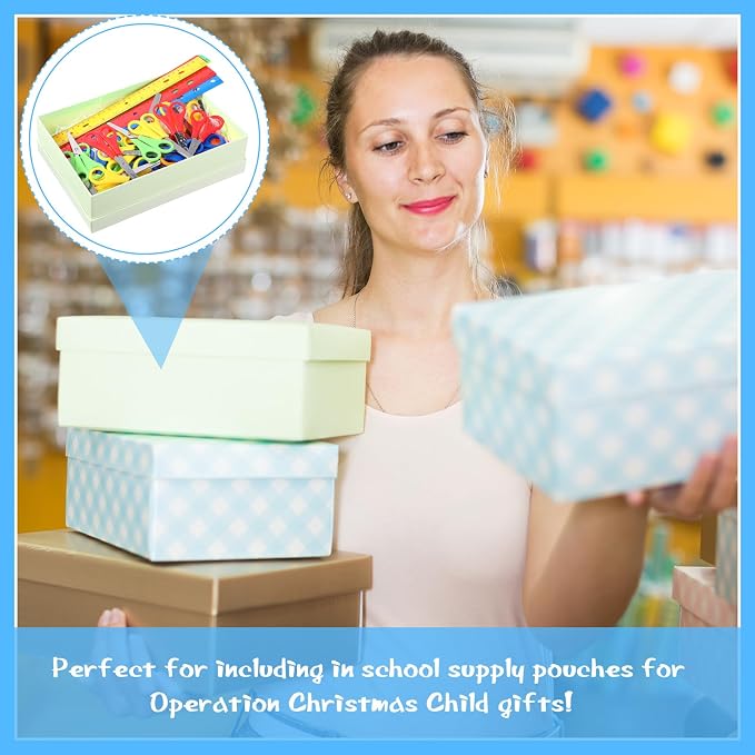 PerKoop 200 Pcs School Supplies with 100 Pcs Safety Blunt Tip Student Scissors 100 Pcs 12 Inch Plastic Rulers Back to School Supply Kit for Operation Christmas Charity Donation Supplies (Bright Color)
