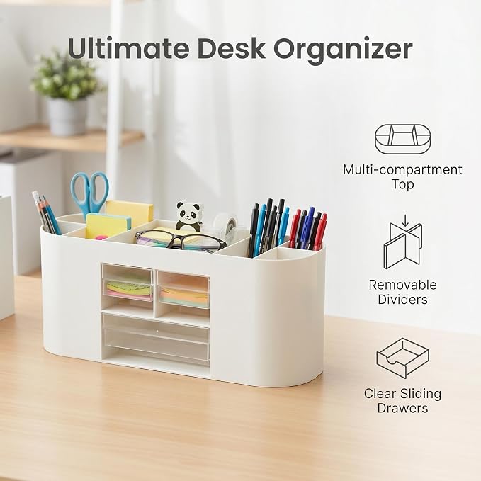 Desk Organizer with Drawers, Office Supplies Storage, White | Customizable desktop storage with removable dividers and 3 clear drawers for pens, notes, clips and everyday office supplies.