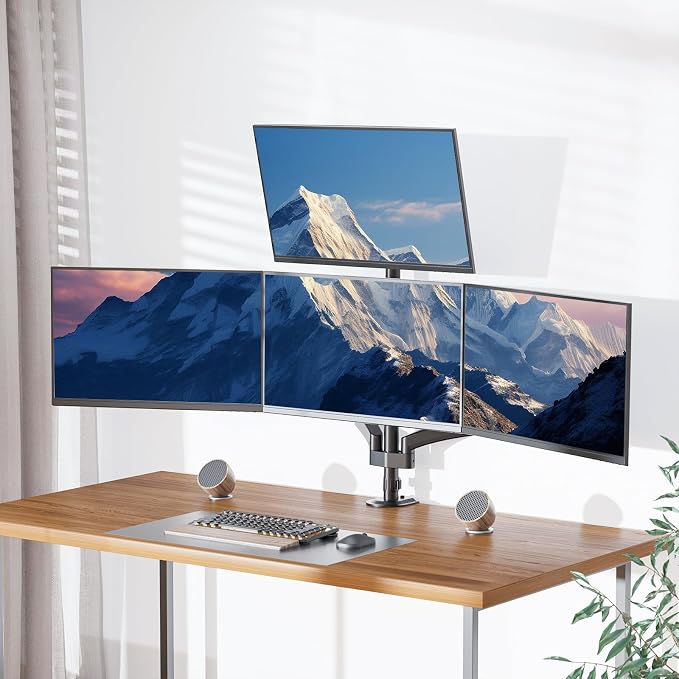 WALI Stacked Quad Monitor Mount for 13-27 inch Screens, 19.8 lbs per Arm | Tall 4 Monitor Stand for Desk,Full Motion with Tilt, Swivel, Rotation,C-Clamp & Grommet Base, VESA 75/100mm (GSDM004S), Black