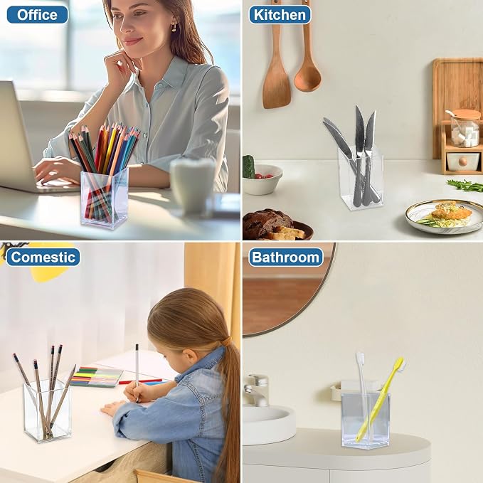 CEYAZYE 10 Pcs Clear Acrylic Pencil Holder, Square | Pen Pot, Transparent Makeup Brush Storage, Desktop Organiser, For Home Office School Supplies
