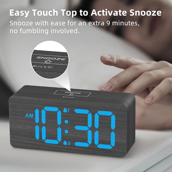 uscce Wooden Digital Alarm Clocks for Bedrooms with 0-100% Dimmable Display | Desk Clock with Large Numbers for Living Room - Loud Dual Alarm for Heavy Sleepers with Volume Control - Wood Decor & Gifts