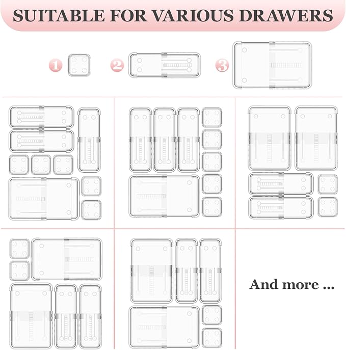 DILIBRA 16 Pcs Clear Extendable Drawer Organizer, Adjustable Drawer Storage | 3-Size Desk Drawer Organizer, Plastic Non-Slip Storage Bins for Makeup Cosmetic Jewelries Utensils Stationery Dressers Tool