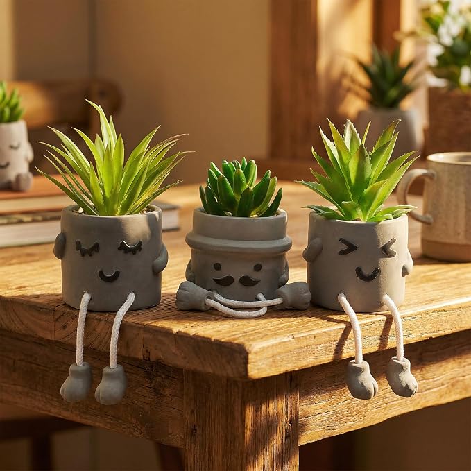 Small Fake Plants Faux Succulents in Grey Pots with Hanging Leg Potted Mini Fake Plants for Office Desk Decor Cute Artificial Succulent Plants for Home Office Desk Decor and Gift Choice - Set of 3