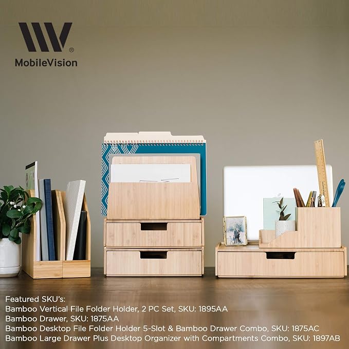 Mobilevision Large Bamboo Drawers (Set of 2) For Monitor Stand & Stackable Storage Solution for office products pens, pencils, scissors, notepads, business cards and more