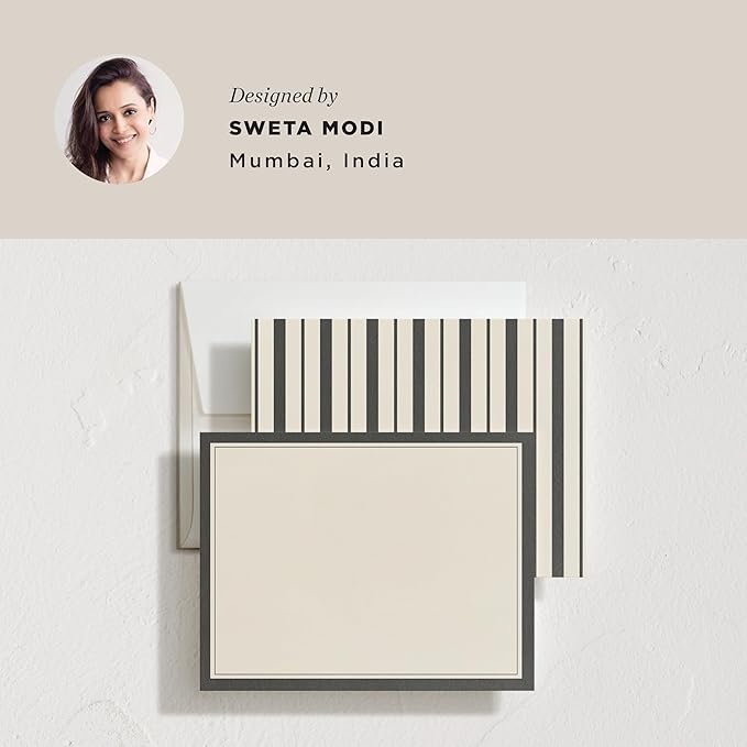 Minted Formal Initials Stationery Set, Set of 10, Flat Note Cards & Envelopes for Invitiations and Handwritten Thank You Messages, Black & Cream Stripes Design, Gifts for Women, Luxurious Paper