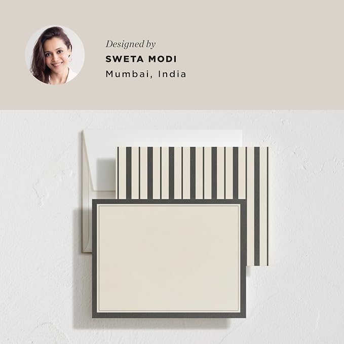 Minted Formal Initials Stationery Set, Set of 10, Flat Note Cards & Envelopes for Invitiations and Handwritten Thank You Messages, Black & Cream Stripes Design, Gifts for Women, Luxurious Paper