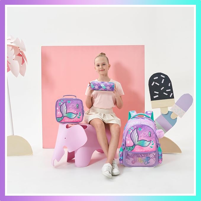 Meetbelify Mermaid Backpacks for Girls School Bag Cute Girls Backpacks Ages 8-10 with Lunch Box Kids Bookbag Set Travel Backpack for Elementary Students Backpack to School Supplies