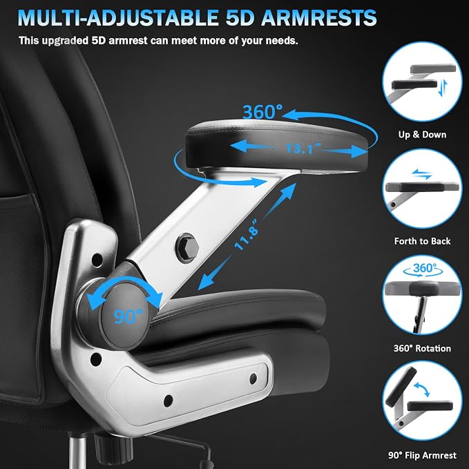 Big and Tall Office Chair 600lbs with 5D Flip Arms, Heavy Duty Executive Office Chairs, Ergonomic Desk Chair with Adjustable Lumbar Support & Rubber Wheels, PU Leather, Black