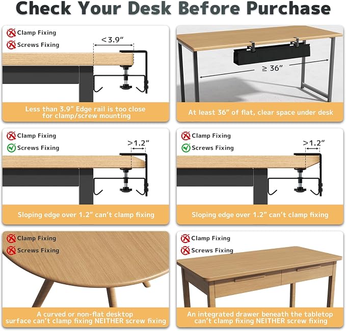 No Drill Under Desk Cable Management Tray - 36" Clamp/Screw Desk Cord Management, Premium Fabric Cable Racyway for Office & Home