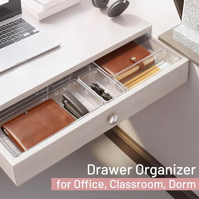 12 Pack Large Drawer Organizer Bins - Clear Plastic Bathroom Drawer Organizer Trays - Heavy Duty Kitchen Drawer Dividers for Utensils - Non-Slip Storage Bins for Makeup, Bedroom, Office Desk