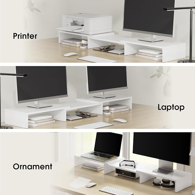 FITUEYES Dual Monitor Stand Riser, Adjustable Length and Angle, White | Wooden 3-Shelf Design, Supports up to 55lbs, Flexible for Standard Corner Space, Holds Monitor, Laptop, Phone, Printer