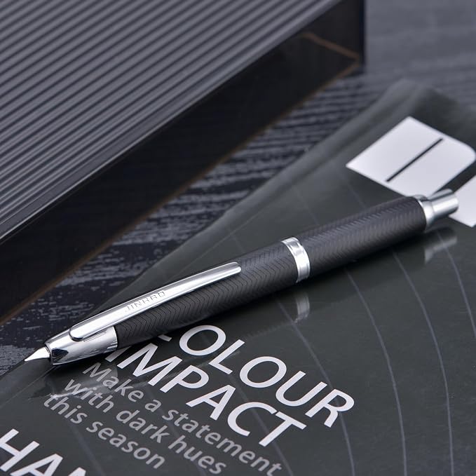 Jinhao 10 Press Fountain Pen with Box, Wavy Matt Black Chromium Retractable Medium Nib with Ink Converter Set (Silver Clip)