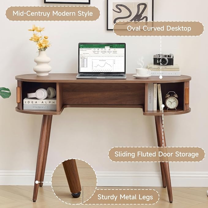 AVZEAR 43" Oval Fluted Home Office Desk, Small Computer Desk Writing Desk | Wlanut Mid Century Modern Small Computer Desk Vanity Table with Sliding Tambour Door, Fluted Wooden Writing Study Desk