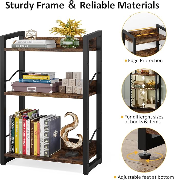 Hosfais 3-Tier Small Bookshelf Bookcase with Edge Protection | Wood Book Shelf Industrial Bookshelf Metal Narrow Bookcase Storage Organizer Display Rack for Bedroom Home Office (Brown)