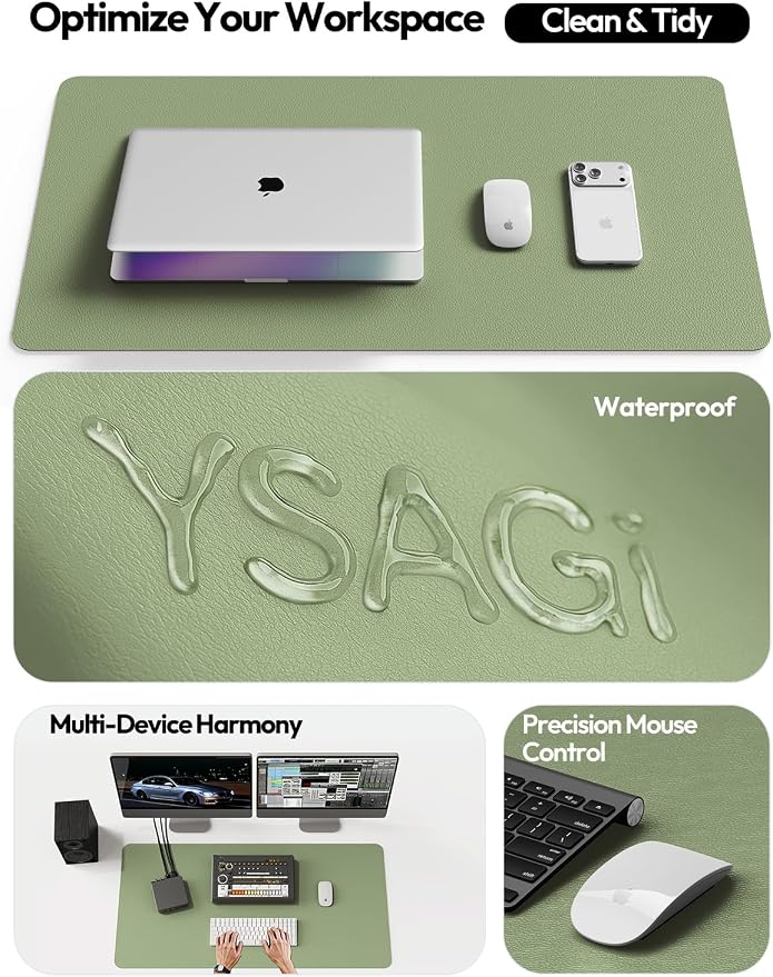 YSAGi Leather Desk Protector, Office Mat, Large Mouse Mat, Non-Slip PU Leather Blotter, Laptop Desk Mat, Waterproof Writing Pad for Office and Home(Bamboo Green, 40" x 24")