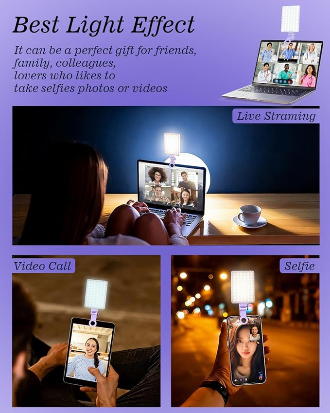 60 LED Portable Selfie Light Video Conference Lighting with Clip & Camera Tripod Adapter Rechargeable 2000mAh CRI 97+, 3 Light Modes for Phone iPhone Webcam Laptop Photo Makeup (Dreamy Blue)