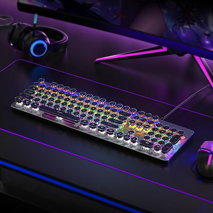 RisoPhy Typewriter Style Mechanical Gaming Keyboard, Metal Panel, Retro Punk Round Keycaps, Clicky Blue Switch, Rainbow LED Backlit, 104 Keys Wired Keyboard, Round Keycaps for PC Laptop Mac Gamer
