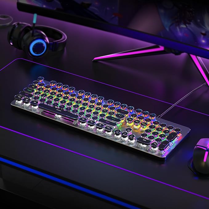 RisoPhy Typewriter Style Mechanical Gaming Keyboard, Metal Panel, Retro Punk Round Keycaps, Clicky Blue Switch, Rainbow LED Backlit, 104 Keys Wired Keyboard, Round Keycaps for PC Laptop Mac Gamer