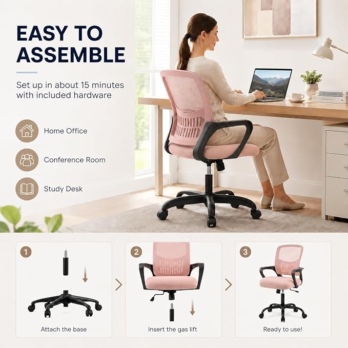 Ergonomic Office Chair, Home Office Desk Chair, Game Chair with Lumbar Support, Breathable Mesh Chairs, Swivel Desk Chairs for Computer, Home, Office, 360° Swivel (Pink)