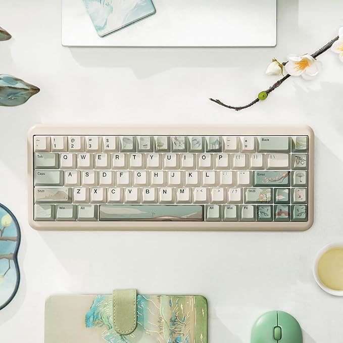 YUNZII Spring Tea Dye Sub PBT Keycaps,140 Full Keys Dye Sublimation PBT Custom Keycap Set with Key Puller for Cherry Gateron MX Switches Mechanical Gaming Keyboard (Cherry Profile, Spring Tea)