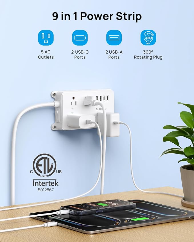 TROND 360° Rotating Plug Power Strip, 10ft Extension Cord, ETL Listed, 5 Widely-Spaced Outlets with 4 USB Ports, 1300J Surge Protection, Wall Mountable, Under Desk, for Home Office, White